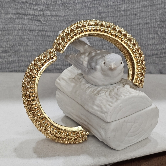 Golden Hinged Domed Cuff Bracelet with Safety Clasp Ornate Heavy - Picture 15 of 16